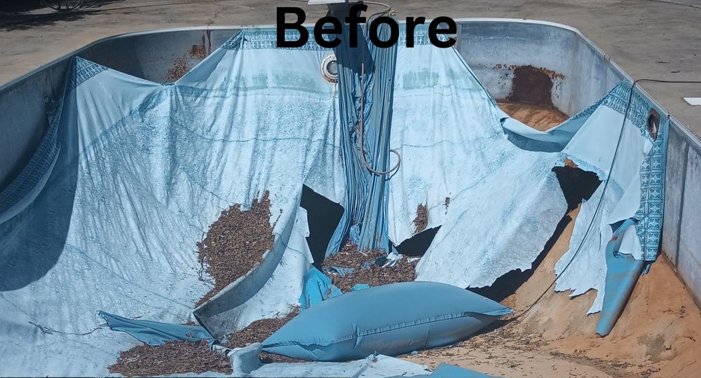 Inground pool with a torn, failing vinyl liner before replacement