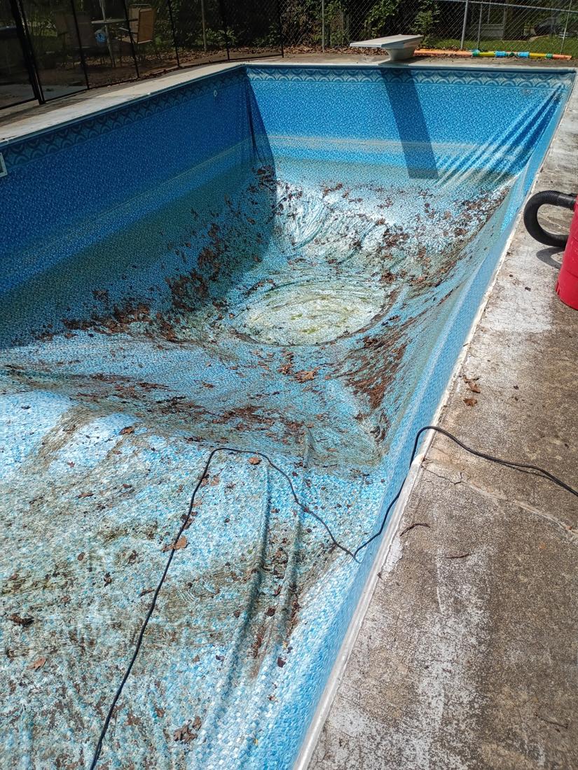 Old faded liner covered in leaves and algae, pulled loose from the walls