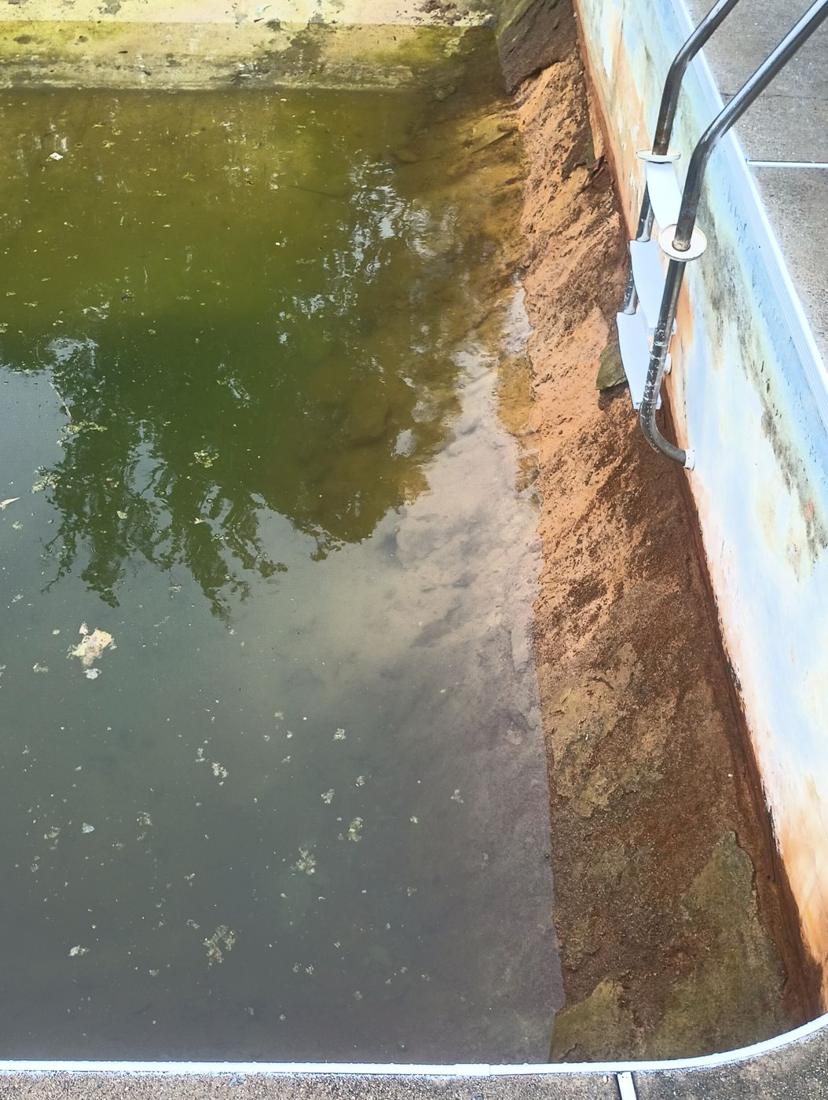 Corner of the pool with green water and exposed floor