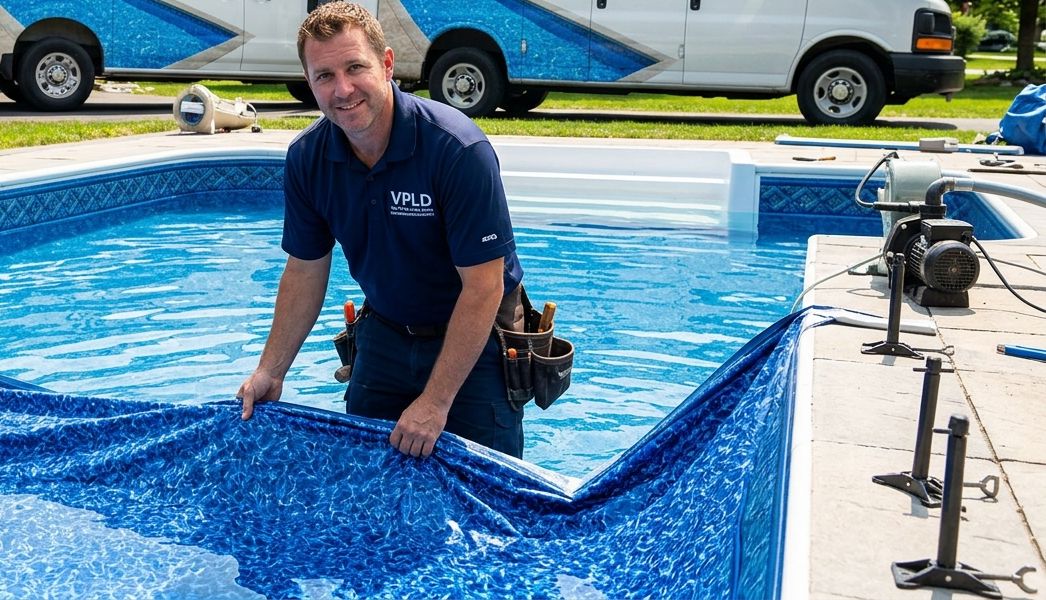 VPLD pool technician in a navy VPLD shirt setting a new liner, with a pool pump beside him